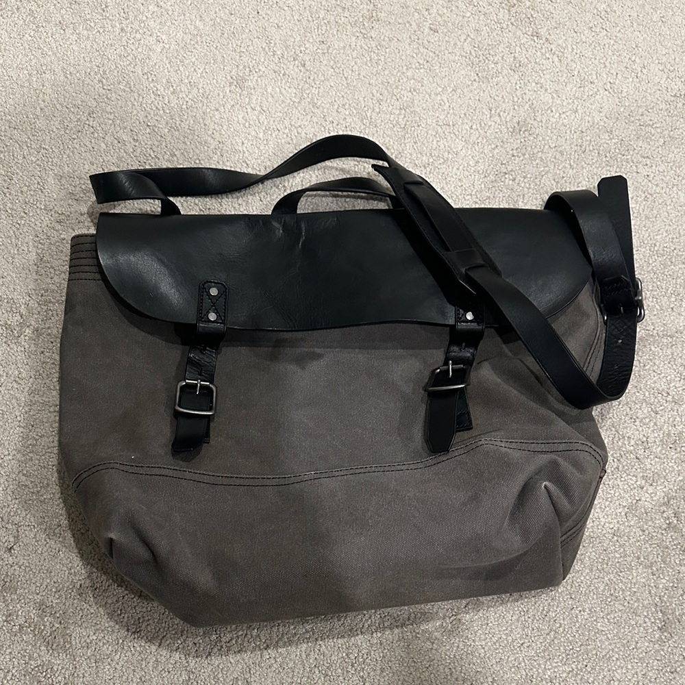 Banana Republic Gray Canvas Black Leather Large Messenger Bag